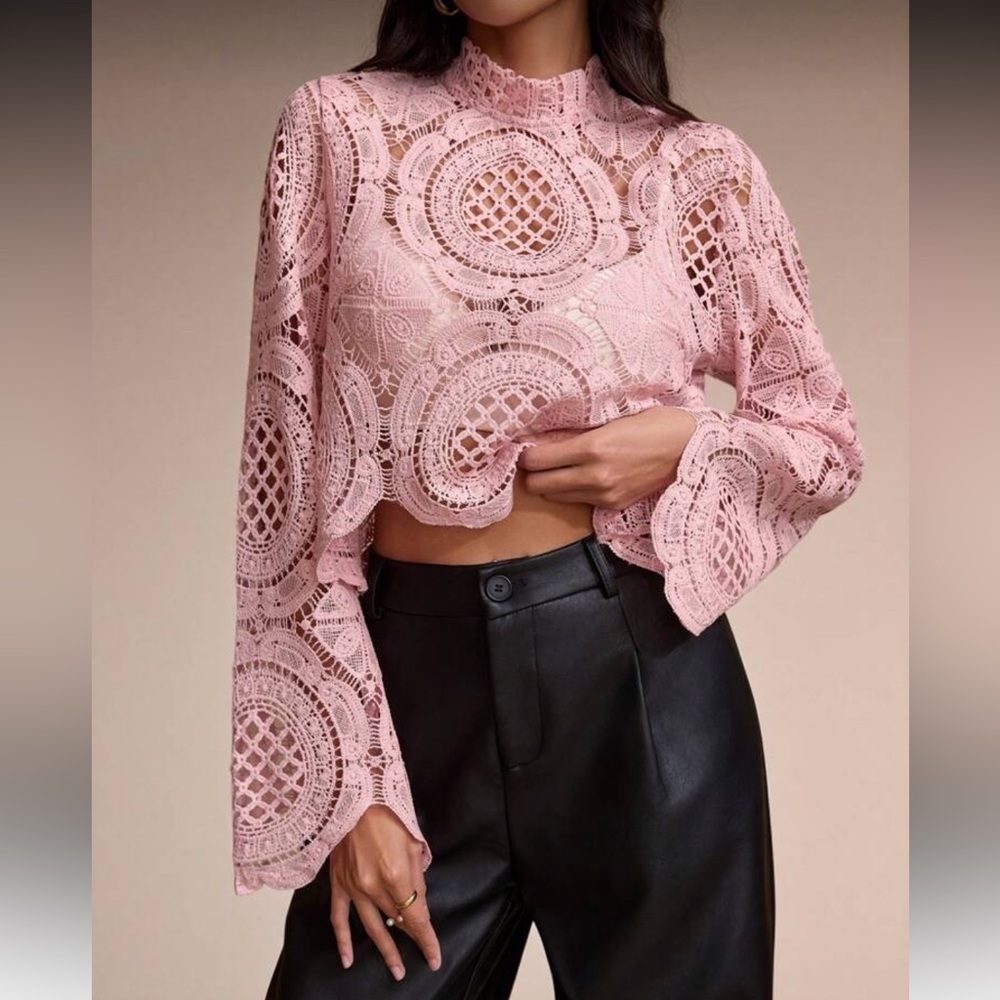 Pink Lace Crochet Long-Sleeve Crop Blouse